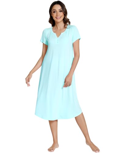 NACHILA Nightgowns for Women-Viscose Made from Bamboo, Short Sleeve Night Gown Cool Night Shirts Pleated Sleepwear Aqua Green M
