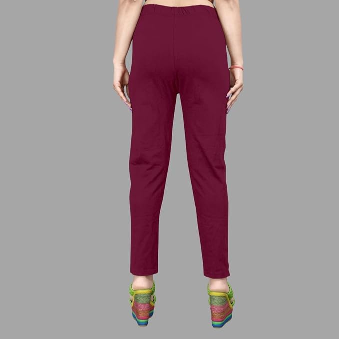 Image of Women's Solid Cotton Lycra Pants-High Waist Slim Fit Stretchable Leggings - Comfortable Long Trousers for Casual, Office & Everyday Wear