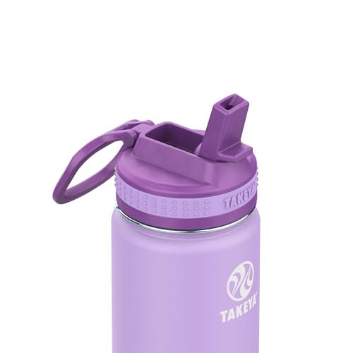 Image of Takeya Actives Kids Water Bottle 16 oz Stainless Steel Double Wall Insulation BPA-Free Leakproof Straw Lid Easy Carry Handle Reusable Ideal for Boys and Girls, School, Sports - Lilac / Ultra Violet