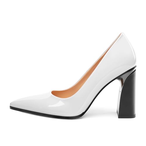 Chunky Block Heels for Women Patent Closed Pointed Toe Pumps Slip on Heels Dress Wedding Shoes 3.5IN2