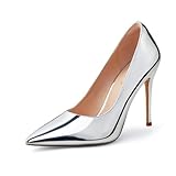 Elisabet Tang Women's High Heels Pumps Closed Pointed Toe Stiletto 4inch Heels Classic Office Special Dressy Wedding Pump Shoes Silver 7
