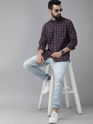 Image of THE BEAR HOUSE Men's Cotton Navy Blue & Maroon Slim Fit Checked Flannel Cotton Casual Shirt | 3XL |TBH-ARIDE-MC-3XL |