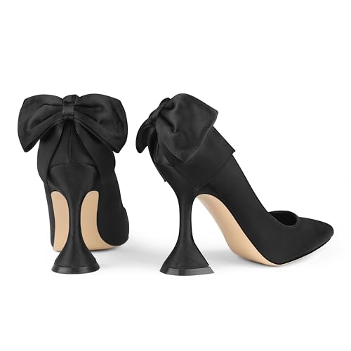 Image of Zzheels Women's Bow Heels Pointed Toe Chunky Pumps | Back Bow, Flare Heels, Block Heels, Bridal Wedding Shoes