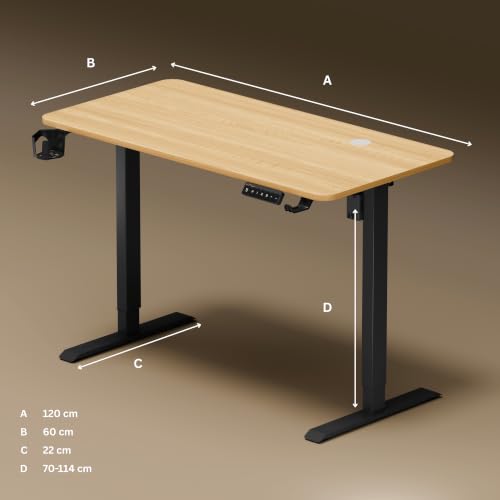Image of DrLuxur Electric Standing Desk | Height Adjustable 70-114cm | 80kg Load | 3 Memory Presets | Zero Wobble | Child Lock | Low Noise Motor | 5 Year Warranty | Metallic Frame (Satin Maple, 1200 * 600 mm)