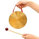 5.9'' Gold Brass Round Gong Home Decoration, Wall Hanging Decoration with Handheld Acoustic Instrument And Hammer