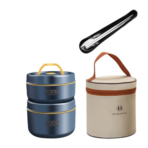 Rhljgbs 保温弁当箱 多層ランチボックス 真空断熱スープランチセット スープジャー 弁当箱 大容量 2段 /3段/4段 ステンレス フードジャー ポータブルお弁当箱 収納バッグ付き 保温 通勤 運動会 通学 キャンプ (ブルー,2個 (420ML+6