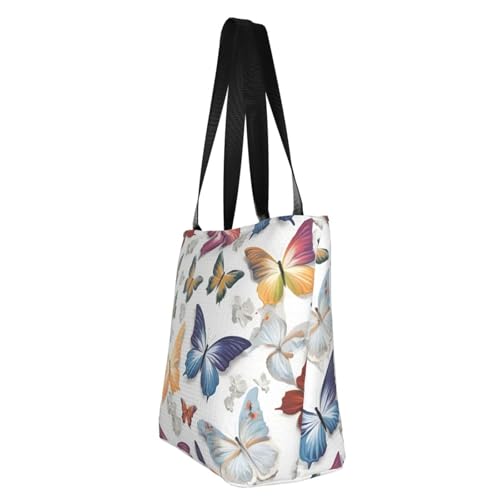 White Floral Colorful Butterflies Print Lightweight Shoulder Bag Summer Outings Tote Bags Travel Hiking Work Casual Use4