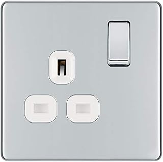 BG Electrical FPC21W-01 Screwless Flat Plate Single Switched Power Socket, Polished Chrome with White Inserts, 13 Amp, 8.6 cm*3.0 cm*8.6 cm