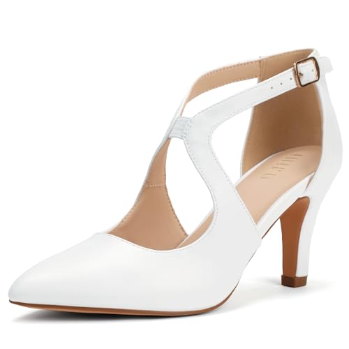 IDIFU White Closed Toe High Heels Dress Shoes for Women Pumps Dressy Cross Strap Pointed Toe Heel Work Office Formal Wedding Prom Party Evening Shoes Stiletto Heels (White Pu 8)