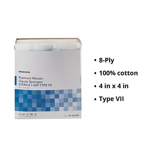 McKesson Premium Woven Gauze Sponges, Sterile, 8-Ply, USP Type VII, 100% Cotton, 4 in x 4 in, 2 per Pack, 50 Packs, 100 Total