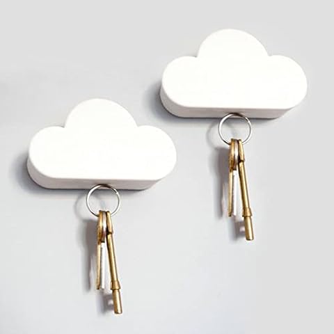 Hikinlichi 2 Pack Adhesive Key Hanger Organizer Magnetic Key Holders White Cloud Key Ring Keychains Hooks Racks 4 Strong Magnets Decorative Wall Mount Holder Fridge Magnets Wall Door Entryway Kitchen Cover