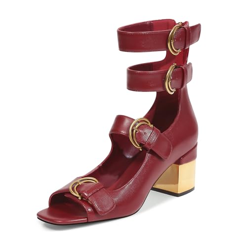 Image of LOCERICH Womens Heeled Sandals Chunky Block Heels Open Toe Strappy Comfortable Ankle Strap Gold Low Heel Dress Shoes for Women - Office, Date, Party, Summer Casual Outings