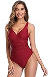 SHEKINI Damen Einteiliger Badeanzug V Ausschinitt Ruched Bauchweg Bademode Verstellbar Rückenfrei Slim Strandmode(M, Weinrot)