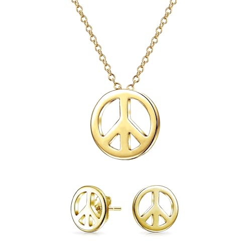 Bling Jewelry Petit Ensemble De Bijoux Minimaliste Simple Avec Pendentif Signe De Paix Mondial Collier Et Boucles D'Oreilles Pour Adolescentes Et Femmes Plaqué Or Jaune En Argent Sterling .925