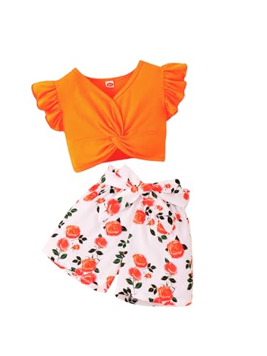 Image of Axumity Toddler Girl Clothes Outfits Tropical Print Short Sleeve Top + Floral Shorts 2PC Summer Clothing Set(7-8T)