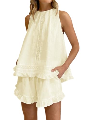 Image of Women's Summer Ruffle Short Sets Cotton Sleeveless Pajama Set | 2 Piece Outfits for Women, Lightweight Breathable Cotton, Relaxed Fit, for Bridesmaid, Party, Vacation and Daily Wear