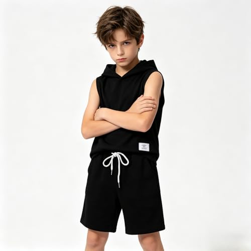 Image of Size 6-12 Years Boys Summer Clothes Hooded Sleeveless Tank Tops Workout Shorts 2 Piece Set Fashion Outfits