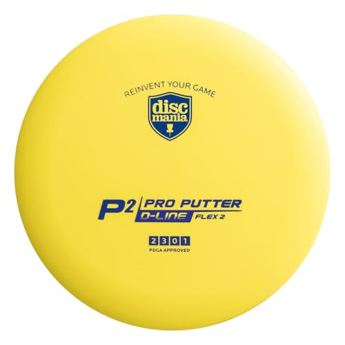 Discmania Flex 2 D-Line P2 Disc Golf Putter | Stable Disc Golf Putt & Approach Disc | Grippy, Base Plastic | Dead Straight Putts & Upshots | Ideal Grip in Any Conditions 173-174g (Yellow)