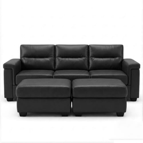 Image of FURNY Parker 3 Seater Sofa Set with 2 Ottoman | Premium Leatherette Finish | Durable Comfort Sofa for Modern Living Room & Office Spaces
