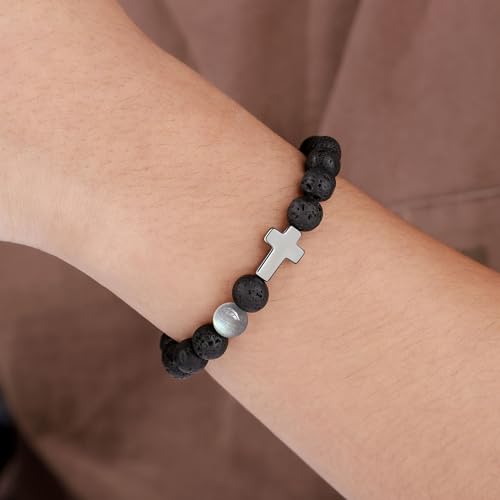 𝗖𝗵𝗿𝗶𝘀𝘁𝗶𝗮𝗻 𝗚𝗶𝗳𝘁𝘀 𝗳𝗼𝗿 𝗠𝗲𝗻 𝗠𝗼𝗼𝗻𝘀𝘁𝗼𝗻𝗲 𝗖𝗿𝗼𝘀𝘀 𝗕𝗿𝗮𝗰𝗲𝗹𝗲𝘁𝘀, Birthday Christmas Valentines Day Inspirational Gifts for Him Son Grandson Moonstone Volcanic Rock Cross Bracelets2