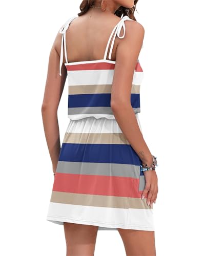 Image of AUSELILY Womens Summer Dresses Sleeveless Spaghetti Strap Beach Cover up Drawstring Waist Mini Short Dress with Pockets