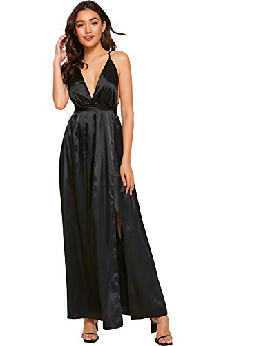 Shein Women's Sexy Satin Deep V Neck Backless Maxi Club Party Evening Dress Black Medium #TOP5