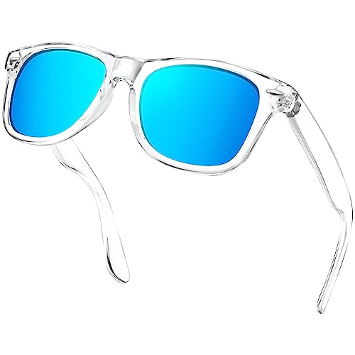 KANASTAL Lunettes de Soleil Polarisées Homme et Femme Lunette de Soleil Bleu Transparent Miroir Rectangulaire UV400 Mode