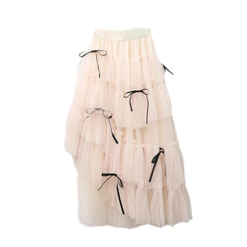 Women Long Maxi Tulle Skirt Tiered Mesh Skirt Party Tiered Midi Skirts with Black Ribbon Decoration
