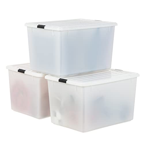 Image of IRIS USA 144 Qt Stackable Plastic Storage Bins with Lids, 3 Pack - BPA-Free, Discreet Organizing Solution, Latches, Durable Nestable Containers, Secure Pull Handle, Made in USA - Pearl