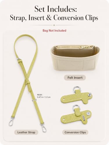 Image of Purse Organizer Insert & Leather Strap Conversion Kit Set, Compatible with Longchamp Le Pliage Mini Bag - Felt Inner Liner & Adjustable Shoulder Strap,Beige Insert & Lime Strap