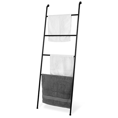 MyGift 54'' Black Metal 4-Tier Leaning Blanket Ladder Stand with Secure Wall Mount Holder, Farmhouse Bathroom Towel Quilt Ladder Rack