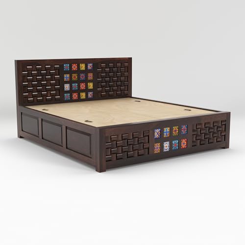 Image of Sheesham Wood King Size Bed with Storage Box | Wooden Box Bed King Size Double Cot Bed with Storage for Bedroom | Premium Niwar Tile Design Headboard Bed for Hotel, Home | Walnut Finish