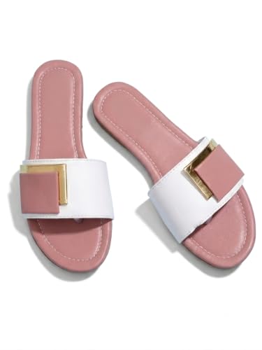 Image of Women's Slide Sandals with Square Gold Buckle, White & Grey