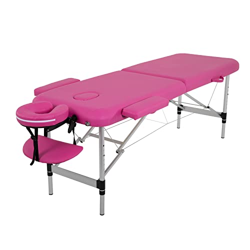 Aluminium Massage Table Massage Tables Portable Massage Bed 2 Fold Light Massage Bed Height Adjustable Facial Table Bed Salon Tattoo Bed W/Face Cradle Carry Case,Pink