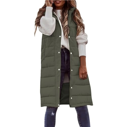 Canbebig Long Puffer Vest Women Quilted Hooded Sleeveless Zip Up Puffy Jacket Outerwear Padded Jacket Winter Fashion Coat