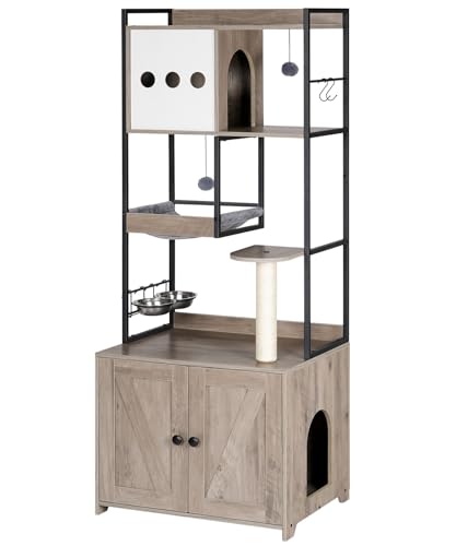 HOOBRO Cat Tree with Litter Box Enclosure 58.7 H Cat Tower with Hidden Litter Box Furniture with Scratching Post Step Hammock Multifunctional Pet Furniture with Food Bowls Greige BG30MZ03G1