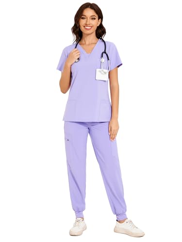 COZYFIT Scrubs for Women - V-Neck Top & Cargo Pants Scrubs Set with 10 Pockets - Light Purple M