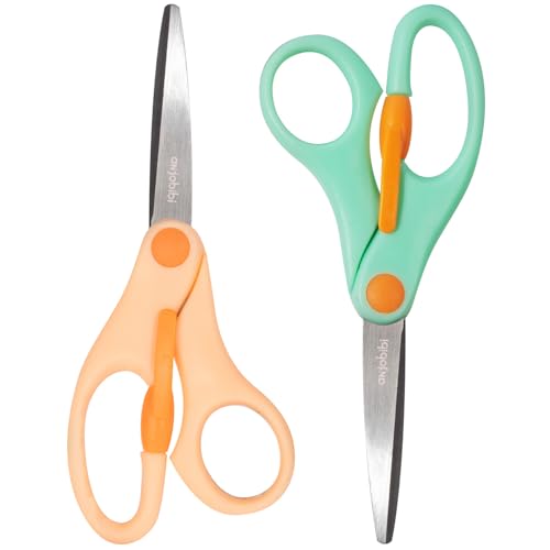 ANJOBIBI Small Student Kids Craft Scissors,Anti-Pinch Design for Children's Paper Cutting,Ages 4-8, 5-Inch(2Pack)(Green+Orange)