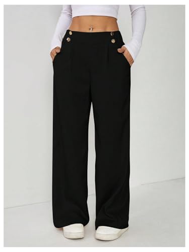 GORGLITTER Women's Work Wide Leg Dress Pants Button Front Pleated High Waist Trousers4