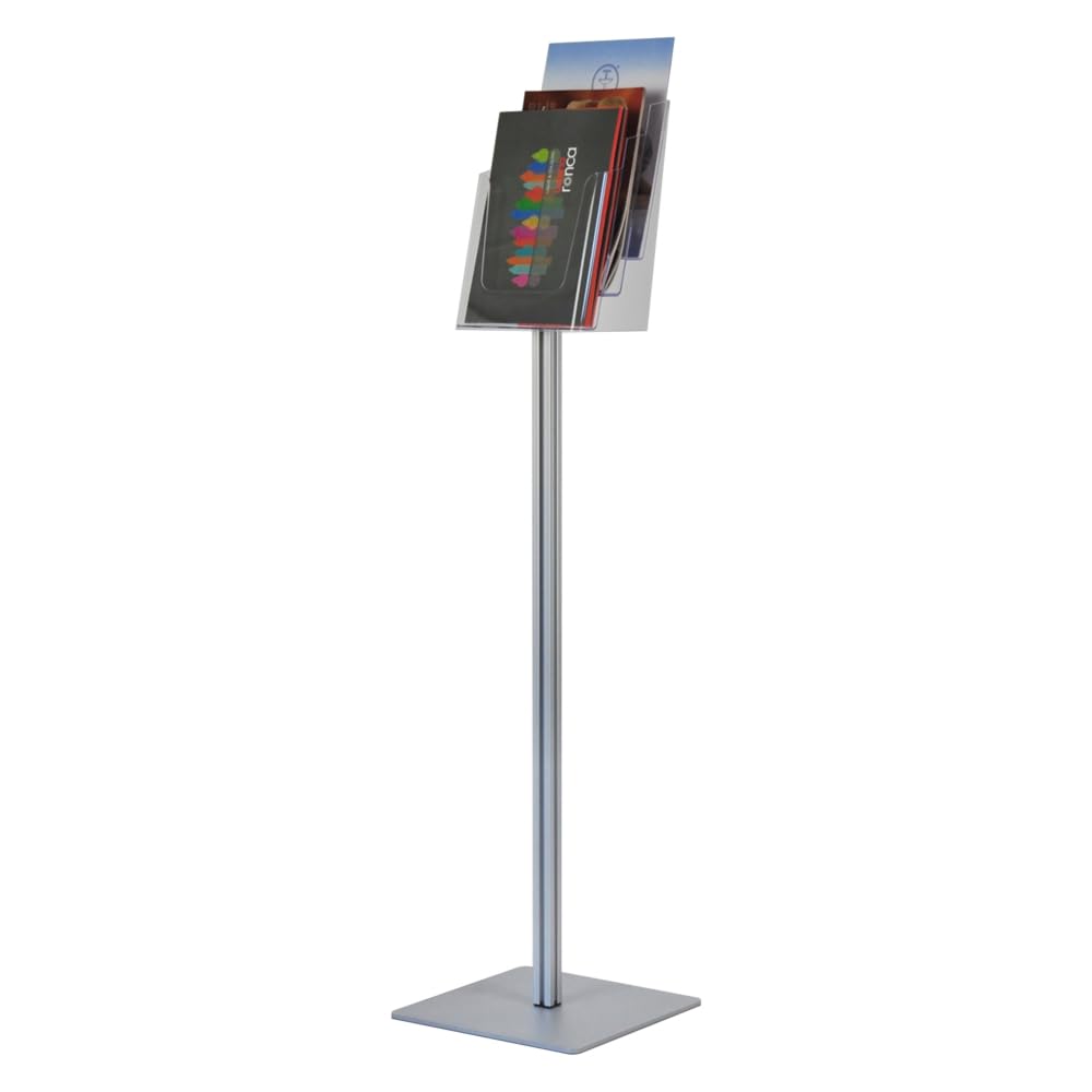 Espositore Portadepliant porta cataloghi da terra a Piantana con 3 Tasche in plexiglass per stampati A4, montante in Alluminio e base ultra sottile antinciampo in metallo per una migliore stabilità