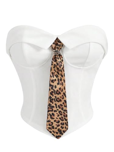 OYOANGLE Women's Strapless Corset with Leopard Tie Foldover Asymmetrical Hem Tube Top Party Clubwear White X-Large
