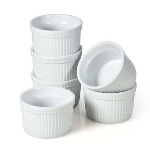 WishDeco Set di 6 Pirottini Ceramica, 200 ml Stampi per Soufflè, Cocotte Forno, Mini Pirottini Creme Brulee, Piccole Ciotole Bianche per Salse, Crema, Aperitivo