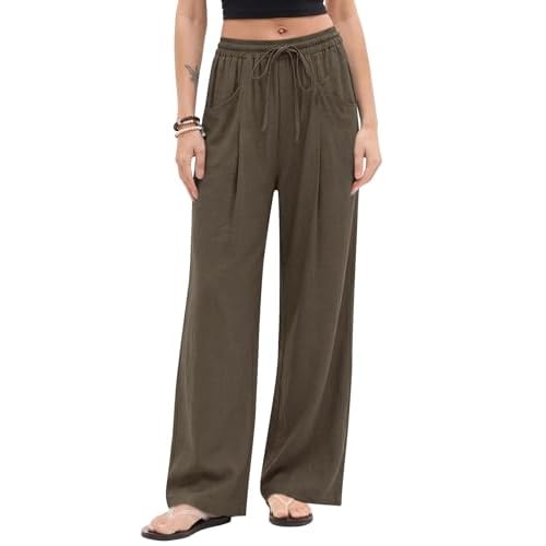 LOMON Linen Pants Women Wide Leg Palazzo Pants Elastic High Waisted Summer Beach Clothes Casual Lounge Trousers with Pockets