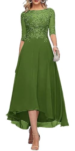 Lace Applique Mother of The Bride Dresses for Wedding Tea Length Half Sleeve Beaded Chiffon Formal Evening Dress
