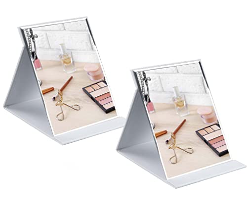 Image of Portable Folding HD Makeup Mirror, Frameless Slim PU Leather Desktop Mirror with Adjustable Stand for Personal Use, Travel, Desktop (Set of 2, White)