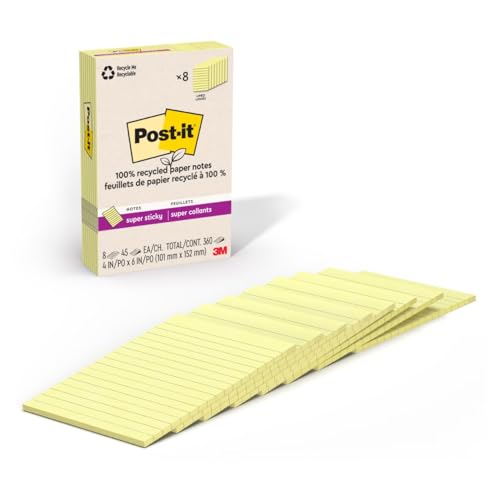 Post-it Notes Super Adhésives lignées en papier recyclé jaune canari de 10x15 cm