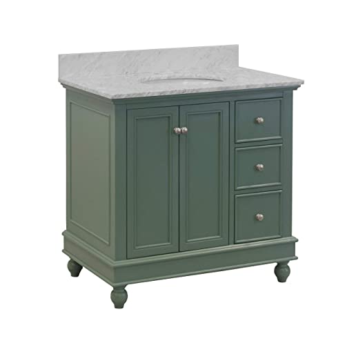 Bella 36-Inch Bathroom Vanity (Carrara/Sage Green): Includes Sage Green Cabinet With Authentic Italian Carrara Marble Countertop And White Ceramic Sink #TOP8