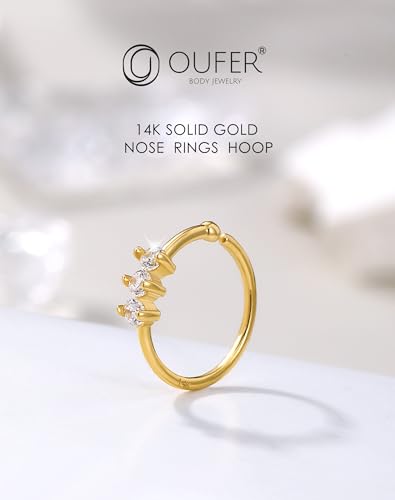 OUFER 14K Solid Gold Nose Rings Hoops, 20G Hoop Nose Rings for Women, Clear CZ Nose Piercing Jewely, Seamless Open Cartilage Helix Earrings2