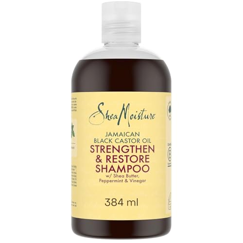 SheaMoisture Champú Strengthen & Restore - Champú Restaurador y Fortalecedor para Cabello Dañado o Tratado Químicamente - Con Aceite de Ricino Negro y Manteca de Karité - Sin Sulfatos - 1 x 384 ml