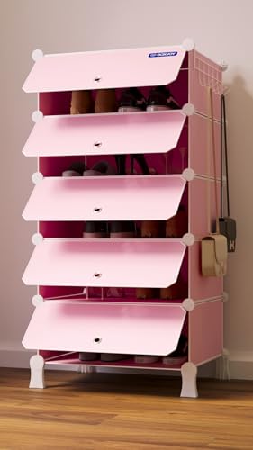 Image of BOXJOY 5 Shelf Plastic Shoe Rack with 5 Doors & 5 Hook Steel Holder (Pink) | Shoes Stand Organiser with Feet, Metal Frame Door & Wooden Hammer for Home Storage to Cover Chappal Slipper Sandals